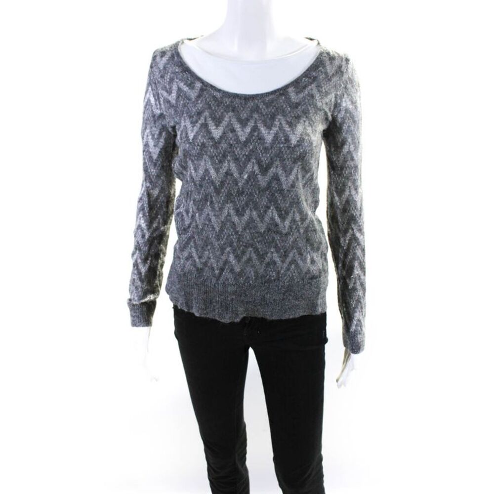 Theory Womens Metallic Chevron Scoop Neck Sweater Gray Size Petite